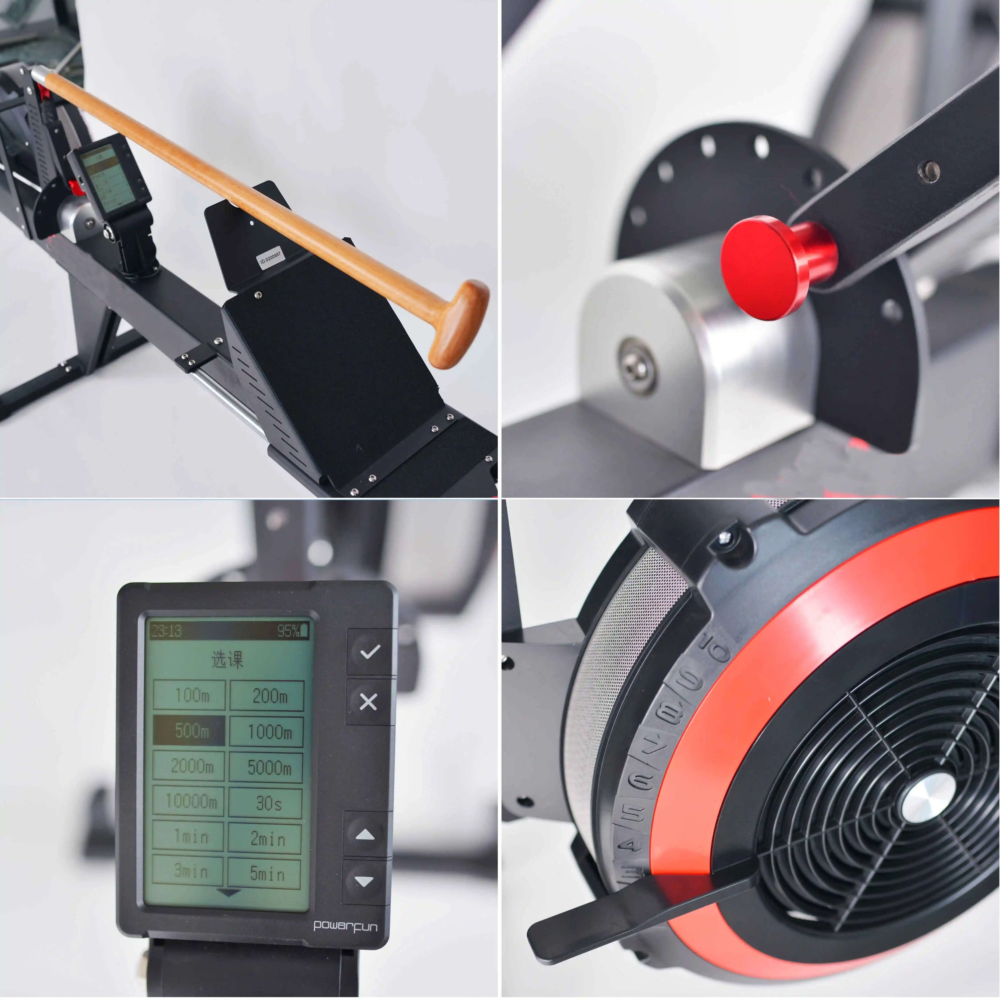 Collage of four images highlighting features of the Gym Fitness Equipment Heavy Duty Rowing Machine by zijie (PF-650): a rowing handle, resistance adjustment knob, digital monitor with workout metrics, and close-up of the flywheel.