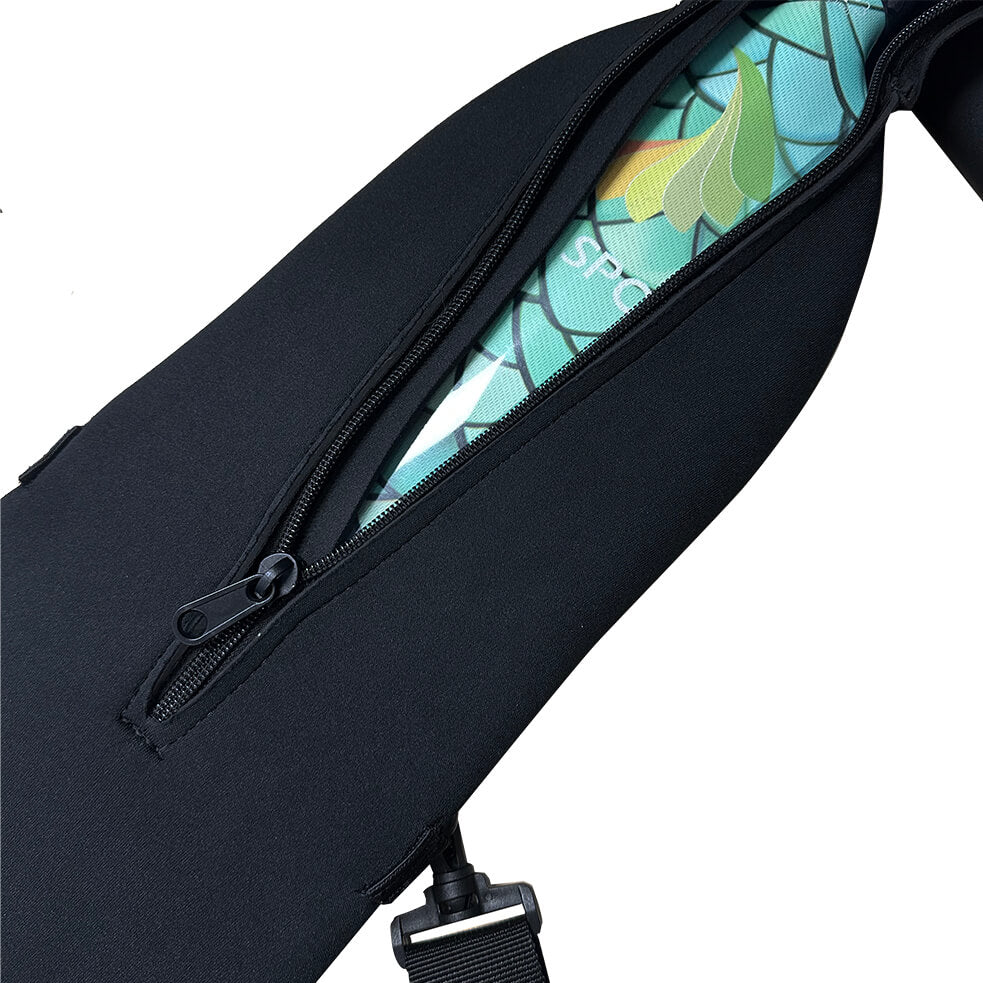 A close-up of the black ZJ SPORT Dragon Boat Paddle Quick Drying Bag shows its abstract teal and yellow interior. The neoprene elastic paddle cover is partially zipped open, featuring an adjustable strap.