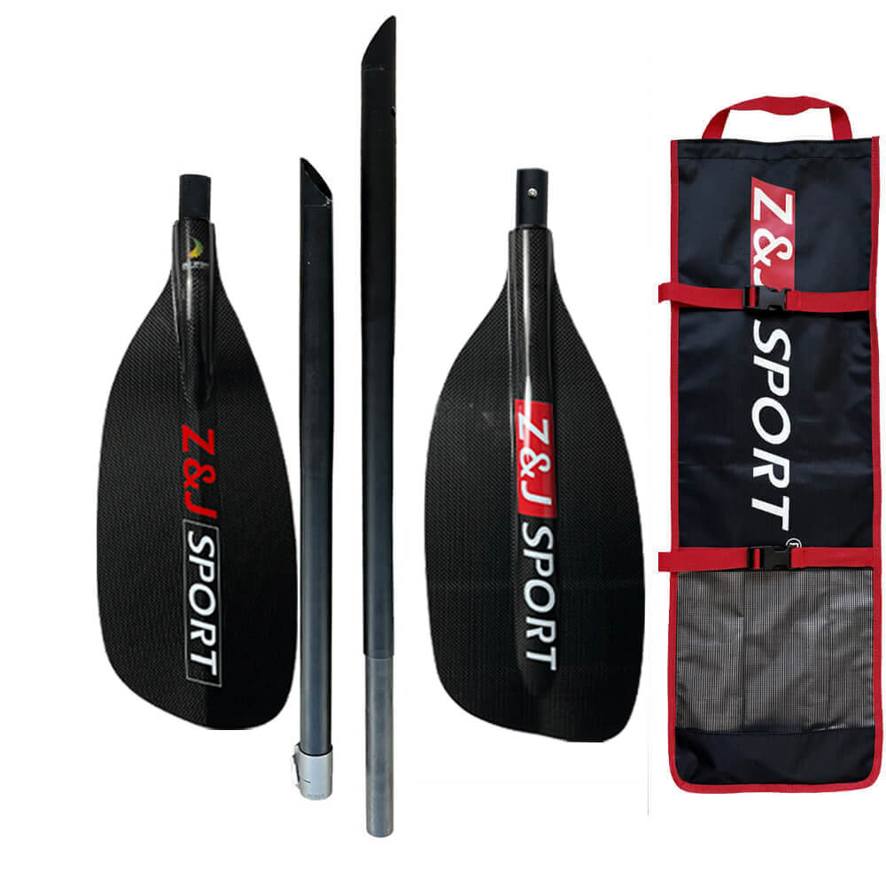 Fiberglass Whitewater Paddle features a durable carbon fiber blade for improved performance. It disassembles into three parts for easy storage and includes a branded black and red carrying bag—perfect for whitewater paddling and river adventures.