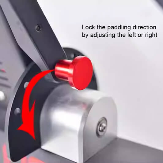 Close-up of the Gym Fitness Equipment Heavy Duty Rowing Machine (PF-650) by zijie, featuring a red knob with an arrow for paddling direction. Adjust left or right to lock direction. The metal parts are mounted on a sturdy base.