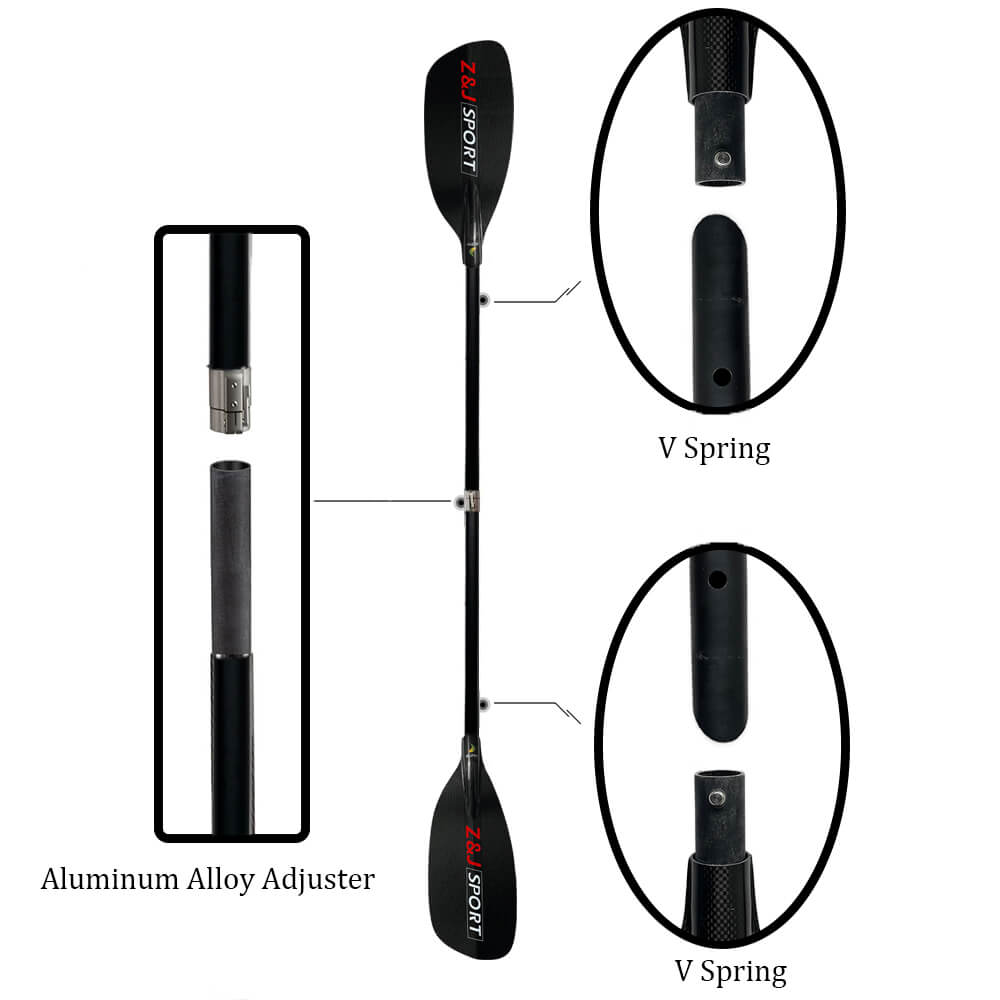 The ZJ SPORT 4-piece Carbon/Fiberglass Whitewater Paddle features a carbon fiber blade, aluminum alloy adjuster, V spring mechanisms, and red branding on the black blades. Ideal for river running, it has close-up views of the adjuster and springs at both ends.