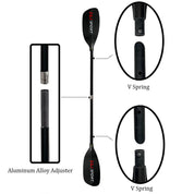 The ZJ SPORT 4-piece Carbon/Fiberglass Whitewater Paddle features a carbon fiber blade, aluminum alloy adjuster, V spring mechanisms, and red branding on the black blades. Ideal for river running, it has close-up views of the adjuster and springs at both ends.