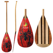 Collage of ZJ SPORT canoe paddles: one ZJ Full Wooden Outrigger Paddle features a red/black spider design with Z&J SPORT and a flame logo, another showcases an ergonomic curved wood design, and the third has natural wood stripes in a mix of light and dark tones.