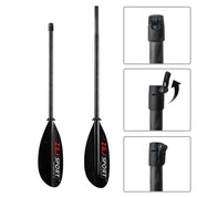 Two ZJ SPORT black paddles are shown. One is assembled, and the other disassembled with insets of its adjustable locking mechanism. The ZJ 2 Piece / 4 Piece Carbon Fiber Sea Kayak Paddle (SKD-II) features a high-angle dynamic blade for efficient water movement and durability.
