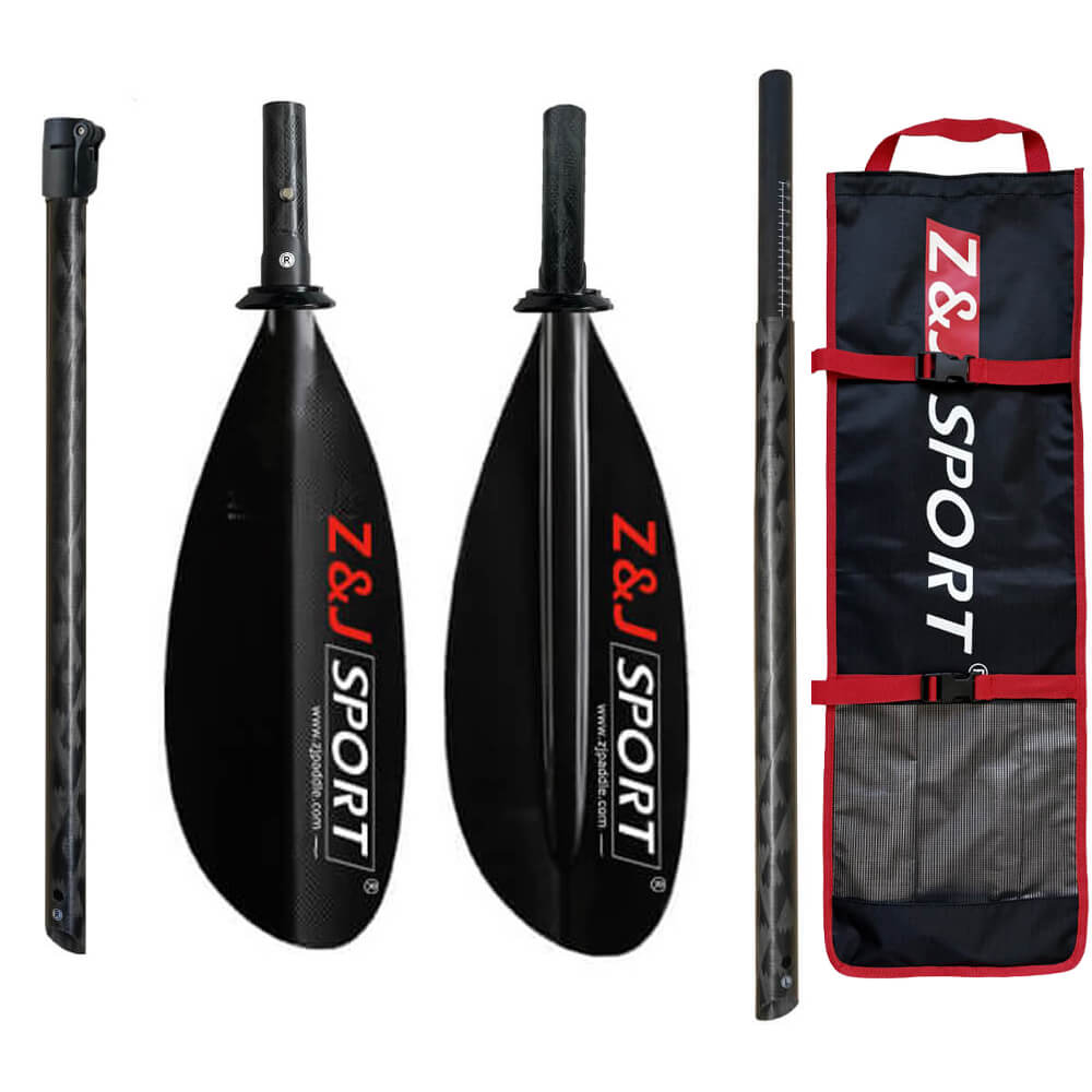 The ZJ SPORT SKD-II paddle set includes three black high-angle kayak paddles with asymmetrical blades for optimal performance, carbon fiber handles, and a logo-branded carrying bag in black and red, ideal for sea kayaking.