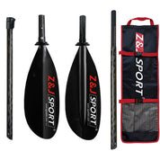 The ZJ SPORT SKD-II paddle set includes three black high-angle kayak paddles with asymmetrical blades for optimal performance, carbon fiber handles, and a logo-branded carrying bag in black and red, ideal for sea kayaking.