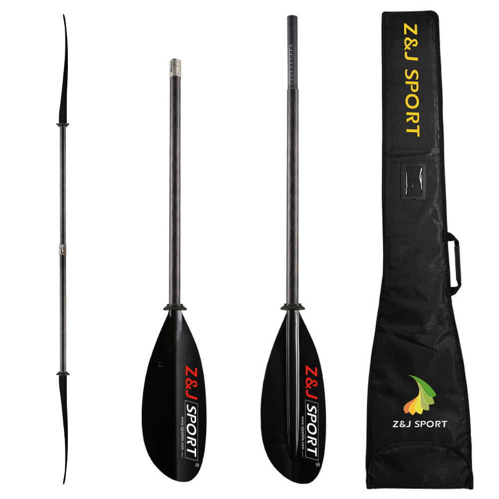 The ZJ SPORT Sea Kayak Paddle (SKD-II) is a four-piece carbon fiber paddle with an asymmetrical high-angle dynamic blade in black, featuring red and white ZJ SPORT branding. It comes disassembled and fully assembled, along with a black case showcasing the colorful Z&J SPORT logo.