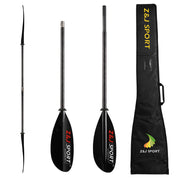 The ZJ SPORT Sea Kayak Paddle (SKD-II) is a four-piece carbon fiber paddle with an asymmetrical high-angle dynamic blade in black, featuring red and white ZJ SPORT branding. It comes disassembled and fully assembled, along with a black case showcasing the colorful Z&J SPORT logo.
