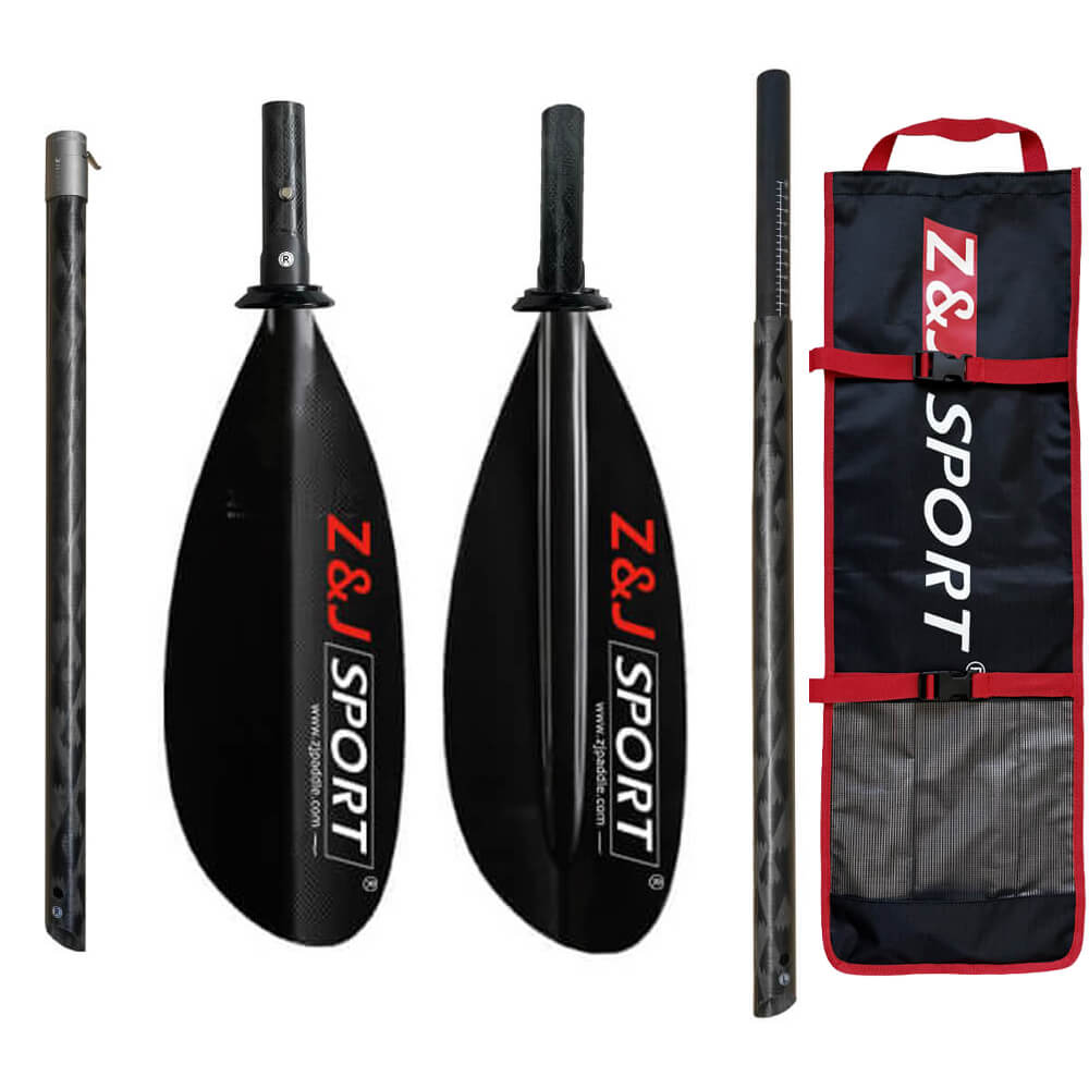 The ZJ SPORT SKD-II is a disassembled black carbon fiber sea kayak paddle with high-angle dynamic asymmetrical blades, accompanied by a red and black carrying bag labeled Z&J Sport.