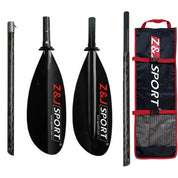 The ZJ SPORT SKD-II is a disassembled black carbon fiber sea kayak paddle with high-angle dynamic asymmetrical blades, accompanied by a red and black carrying bag labeled Z&J Sport.
