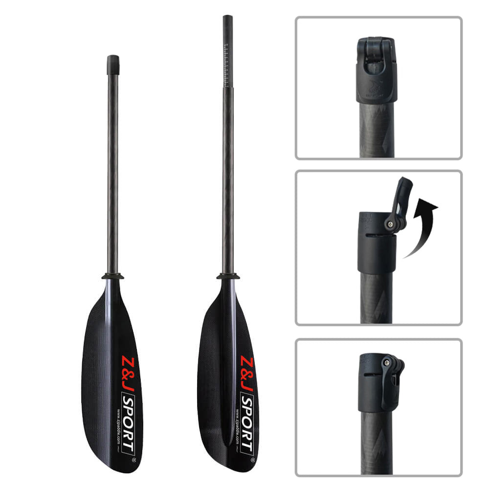 Collage of the ZJ SPORT Carbon Fiber Sea Kayak Paddle (SKR-III) shows the full paddle and close-ups of its adjustable locking mechanism. The black shaft and carbon fiber blade with red and white branding are prominent, emphasizing its suitability for long-distance paddling.