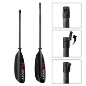 Collage of the ZJ SPORT Carbon Fiber Sea Kayak Paddle (SKR-III) shows the full paddle and close-ups of its adjustable locking mechanism. The black shaft and carbon fiber blade with red and white branding are prominent, emphasizing its suitability for long-distance paddling.
