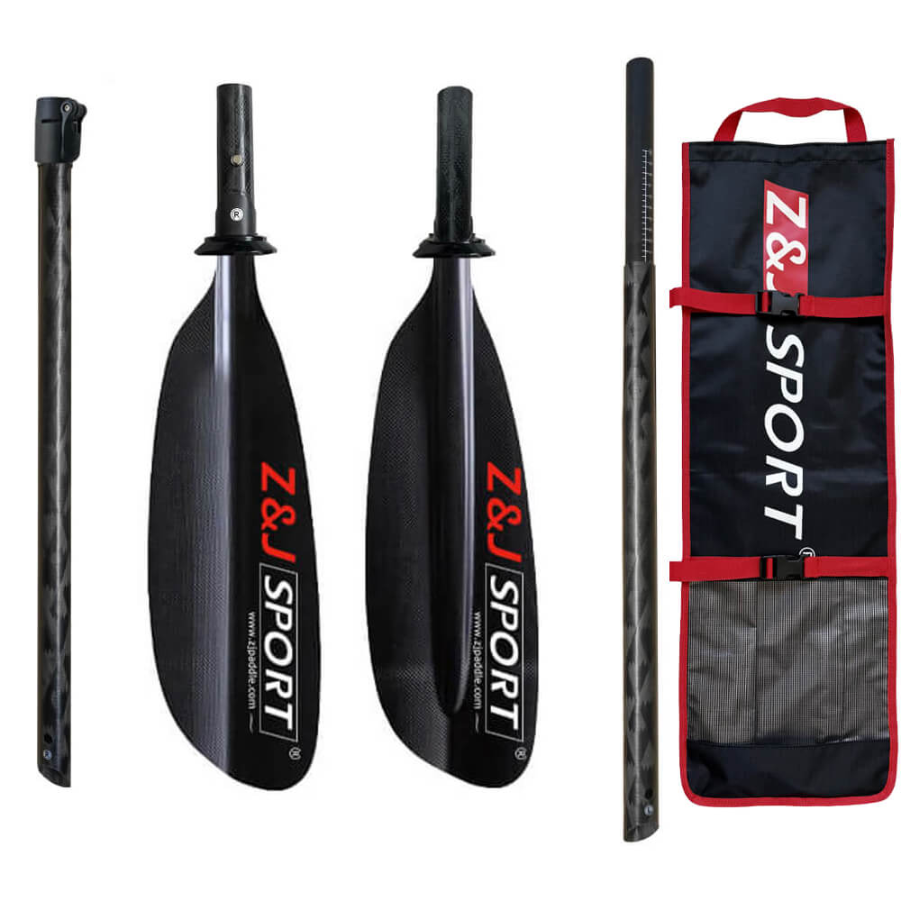 The ZJ SPORT kayak paddle set, featuring asymmetrical blades and a carbon fiber shaft, includes a black and red carrying bag with compartments. Perfect for long-distance paddling, it showcases the Z&J SPORT branding in red and white.
