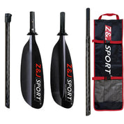 The ZJ SPORT kayak paddle set, featuring asymmetrical blades and a carbon fiber shaft, includes a black and red carrying bag with compartments. Perfect for long-distance paddling, it showcases the Z&J SPORT branding in red and white.