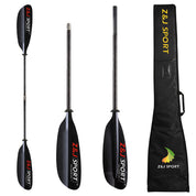 The ZJ SPORT SKR-III kayak paddle, available in 2 or 4 pieces, features carbon fiber blades for optimized performance. It has black blades and shaft with red and white ZJ SPORT branding, and the bag displays a yellow-green logo. Its designed for long-distance paddling with precision alignment.
