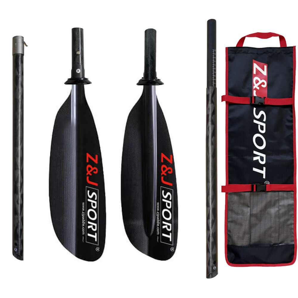 Explore the ZJ SPORT SKR-III carbon fiber sea kayak paddle set, featuring an asymmetrical blade shape for top performance. The black blades with a red and white logo come with a matching black and red carrying bag, ideal for long-distance paddling. Available in 2 or 4 pieces for low-angle relaxed touring.
