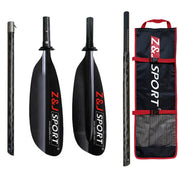 Explore the ZJ SPORT SKR-III carbon fiber sea kayak paddle set, featuring an asymmetrical blade shape for top performance. The black blades with a red and white logo come with a matching black and red carrying bag, ideal for long-distance paddling. Available in 2 or 4 pieces for low-angle relaxed touring.