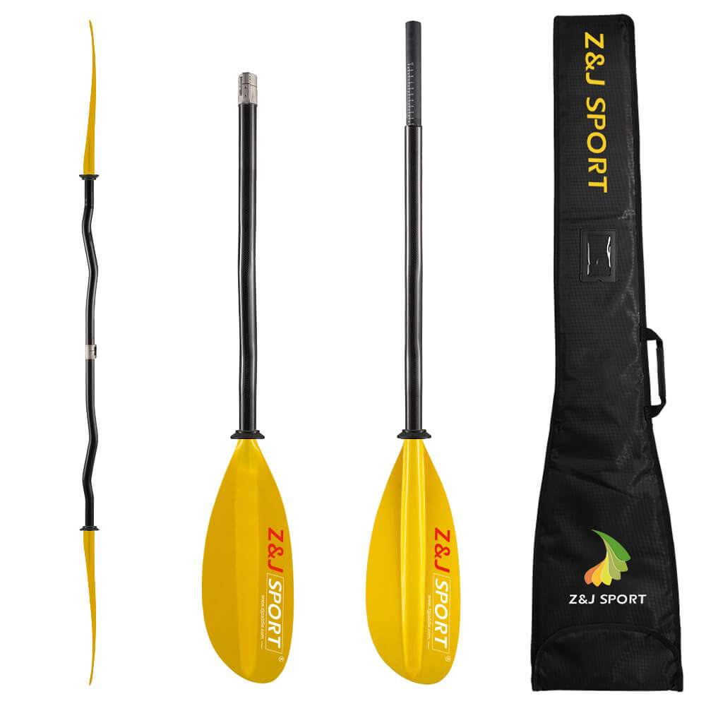 The ZJ SPORT high-angle dynamic blade sea kayak paddle (SKD-II), perfect for seakayak adventures, comes in yellow and black and includes two translucent fiberglass blades, two shaft pieces, and a carry bag featuring the ZJ SPORT branding.