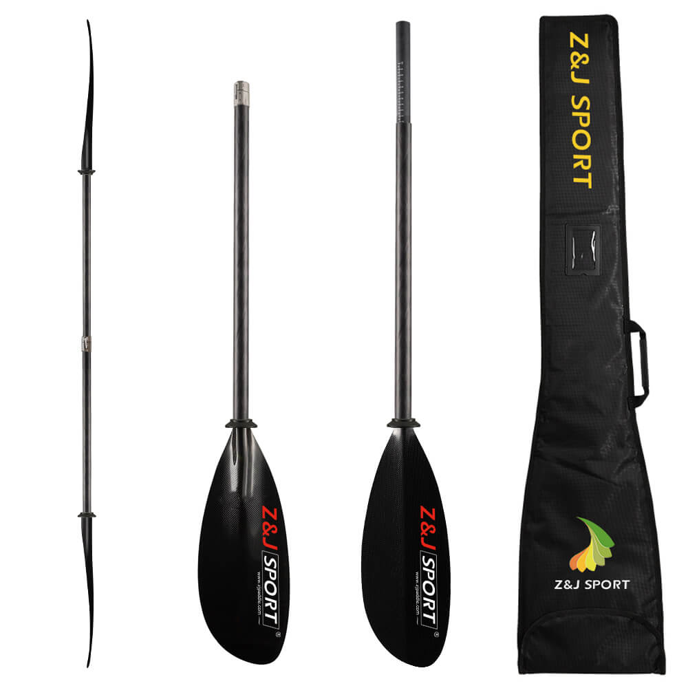 A black, four-piece ZJ SPORT kayak paddle with carbon fiber construction and an asymmetrical blade is shown disassembled, ideal for long-distance trips. The components sit beside a branded carrying bag featuring a green and yellow leaf design, with red Z&J SPORT branding visible.