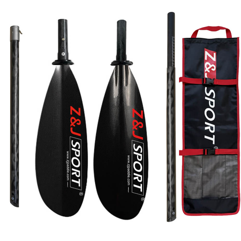 4 Piece Carbon Fiber Sea Kayak Paddle from ZJ SPORT features sleek, asymmetrical blades for long-distance paddling, a red and white logo, and comes with a black carrying bag with red accents and mesh pockets.