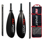 A dismantled ZJ 2 Piece/4 Piece Carbon Fiber Sea Kayak Paddle from ZJ SPORT features sleek, asymmetrical blades for long-distance paddling, a red and white logo, and comes with a black carrying bag with red accents and mesh pockets.