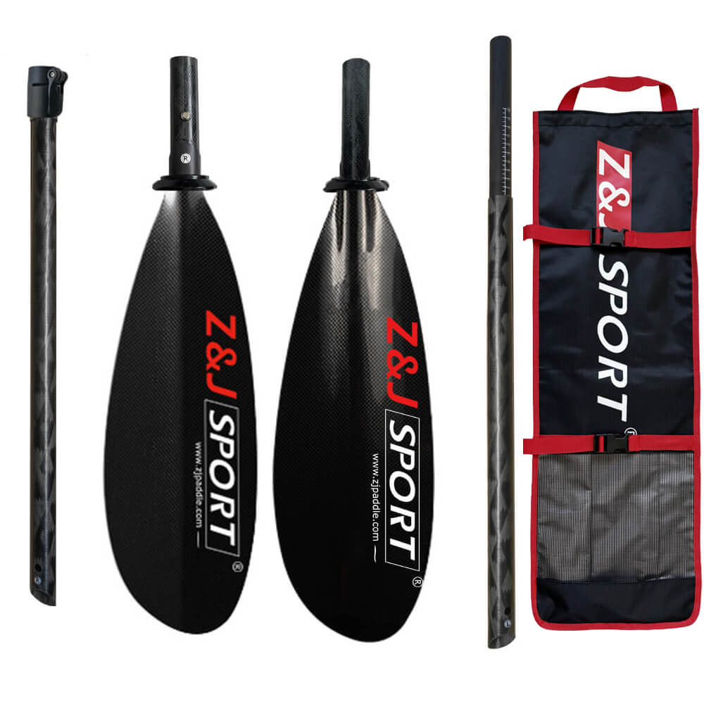 The ZJ SPORT ZJ 2 Piece/4 Piece Carbon Fiber Sea Kayak Paddle features low-angle relaxed touring blades with a sleek asymmetrical design, bold red and white branding, detachable shafts, and includes two paddles in a black and red carrying case.