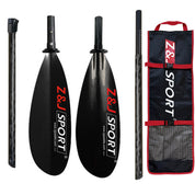 The ZJ SPORT ZJ 2 Piece/4 Piece Carbon Fiber Sea Kayak Paddle features low-angle relaxed touring blades with a sleek asymmetrical design, bold red and white branding, detachable shafts, and includes two paddles in a black and red carrying case.