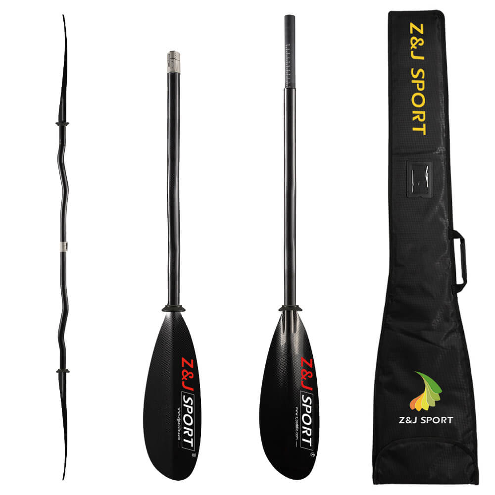 The ZJ SPORT SKR-T kayak paddle set features black carbon fiber blades with silver connecting rods, red logos, and oval-shaped blades. The image shows two paddles (one disassembled) and a black carrying bag with the ZJ SPORT logo in yellow and white.