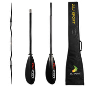 The ZJ SPORT SKR-T kayak paddle set features black carbon fiber blades with silver connecting rods, red logos, and oval-shaped blades. The image shows two paddles (one disassembled) and a black carrying bag with the ZJ SPORT logo in yellow and white.