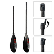 Two black ZJ SPORT kayak paddles feature adjustable mechanisms and carbon fiber blades. The left paddle is fully assembled with the ZJ SPORT logo, while close-up insets on the right show adjustable locking mechanisms. Ideal for long-distance paddling, they are part of the ZJ 2/4 Piece Carbon Fiber Sea Kayak Paddle (SKR-T) line.