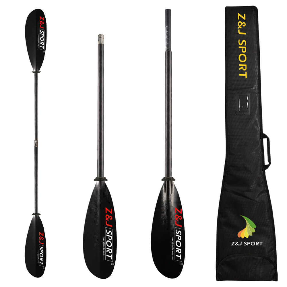 4 Piece Carbon Fiber Sea Kayak Paddle by ZJ SPORT features a carbon fiber blade for long-distance paddling. With two shaft sections and asymmetrical blades, it includes a black carrying bag with the logo and brand name printed on it.