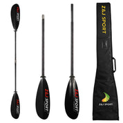 The ZJ 2/4 Piece Carbon Fiber Sea Kayak Paddle by ZJ SPORT features a carbon fiber blade for long-distance paddling. With two shaft sections and asymmetrical blades, it includes a black carrying bag with the logo and brand name printed on it.
