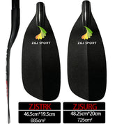 Two black carbon fiber paddles branded Z&J SPORT are ideal for river running. The left ZJSTRK paddle measures 46.5x19.5cm, covering 685cm², and the right ZJSURG paddle for whitewater is 48.25x20cm. Product: ZJ Carbon Whitewater Paddle With Forward Blade Straight Shaft by ZJ SPORT.