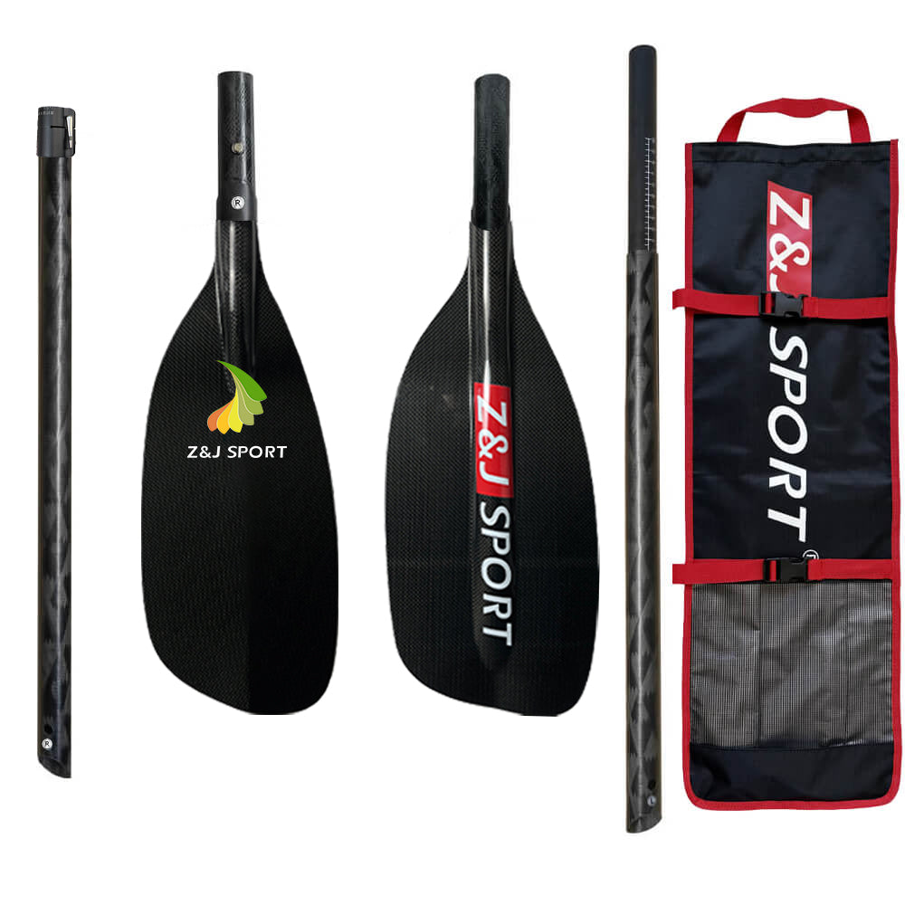 Fiberglass Whitewater Paddle features a durable carbon fiber blade for improved performance. It disassembles into three parts for easy storage and includes a branded black and red carrying bag—perfect for whitewater paddling and river adventures.