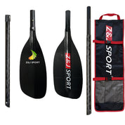 The ZJ SPORT ZJ 4-piece Carbon/Fiberglass Whitewater Paddle features a durable carbon fiber blade for improved performance. It disassembles into three parts for easy storage and includes a branded black and red carrying bag—perfect for whitewater paddling and river adventures.