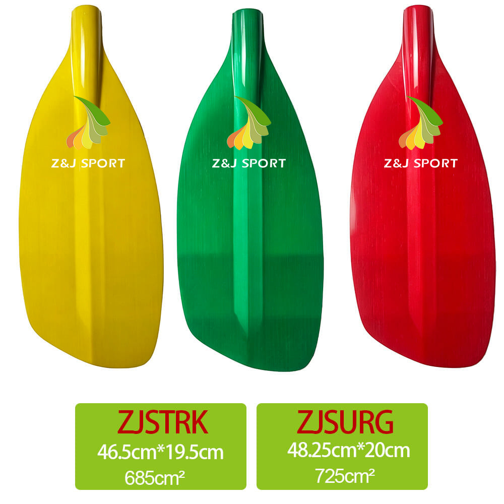 Three ZJ SPORT kayak paddles designed for river running are showcased in vibrant yellow, green, and red. The ZJSTRK measures 46.5cm x 19.5cm with an area of 685cm², while the ZJSURG is 48.25cm x 20cm at 725cm², making them perfect whitewater paddles for adventure seekers.