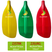 Three ZJ SPORT kayak paddles designed for river running are showcased in vibrant yellow, green, and red. The ZJSTRK measures 46.5cm x 19.5cm with an area of 685cm², while the ZJSURG is 48.25cm x 20cm at 725cm², making them perfect whitewater paddles for adventure seekers.