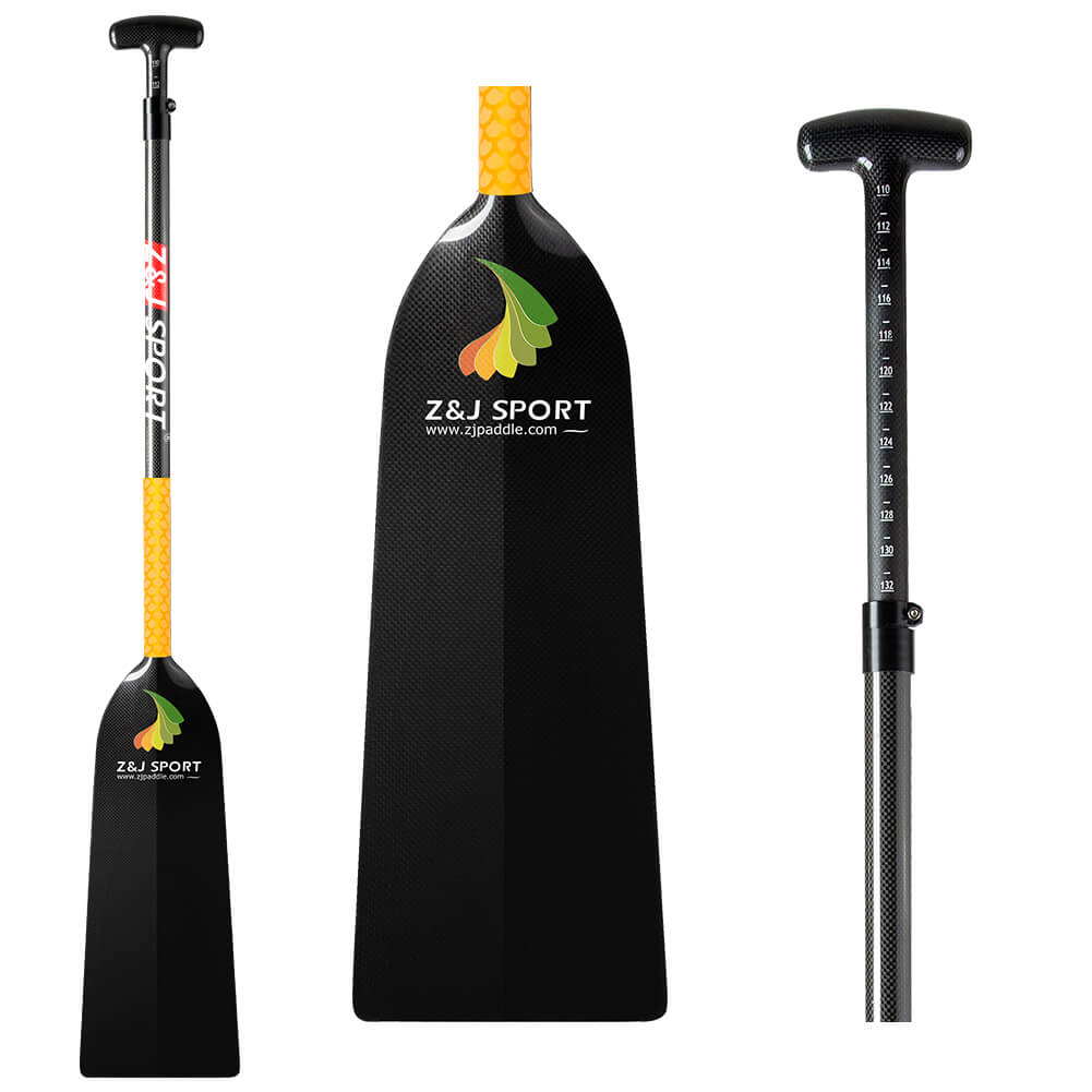 A composite image displays the ZJ SPORT carbon fiber paddle, featuring a black dihedral blade and adjustable shaft with markings. The T-handle and center blade display the ZJ SPORT logo and zjpaddle.com, confirming IDBF approval for dragon boat use.