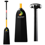 The ZJ SPORT STORM dragon boat paddle features a black carbon fiber blade with a T-shaped handle, adorned with the Z&J SPORT logo and website. This IDBF-approved paddle has a glossy finish and vibrant yellow-orange accents near the top of its dihedral blade for anti-skid grip.