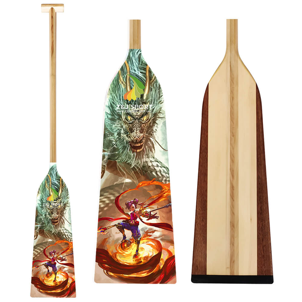 Three views of the ZJ SPORT IDBF Approved Wooden Dragon Boat Paddle with Fiberglass Reinforcement (WDP) reveal a vibrant design: its blade features a fierce dragon and a warrior amid flames, while the back showcases natural wood tones enhanced by fiberglass for durability.