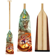 Three views of the ZJ SPORT IDBF Approved Wooden Dragon Boat Paddle with Fiberglass Reinforcement (WDP) reveal a vibrant design: its blade features a fierce dragon and a warrior amid flames, while the back showcases natural wood tones enhanced by fiberglass for durability.