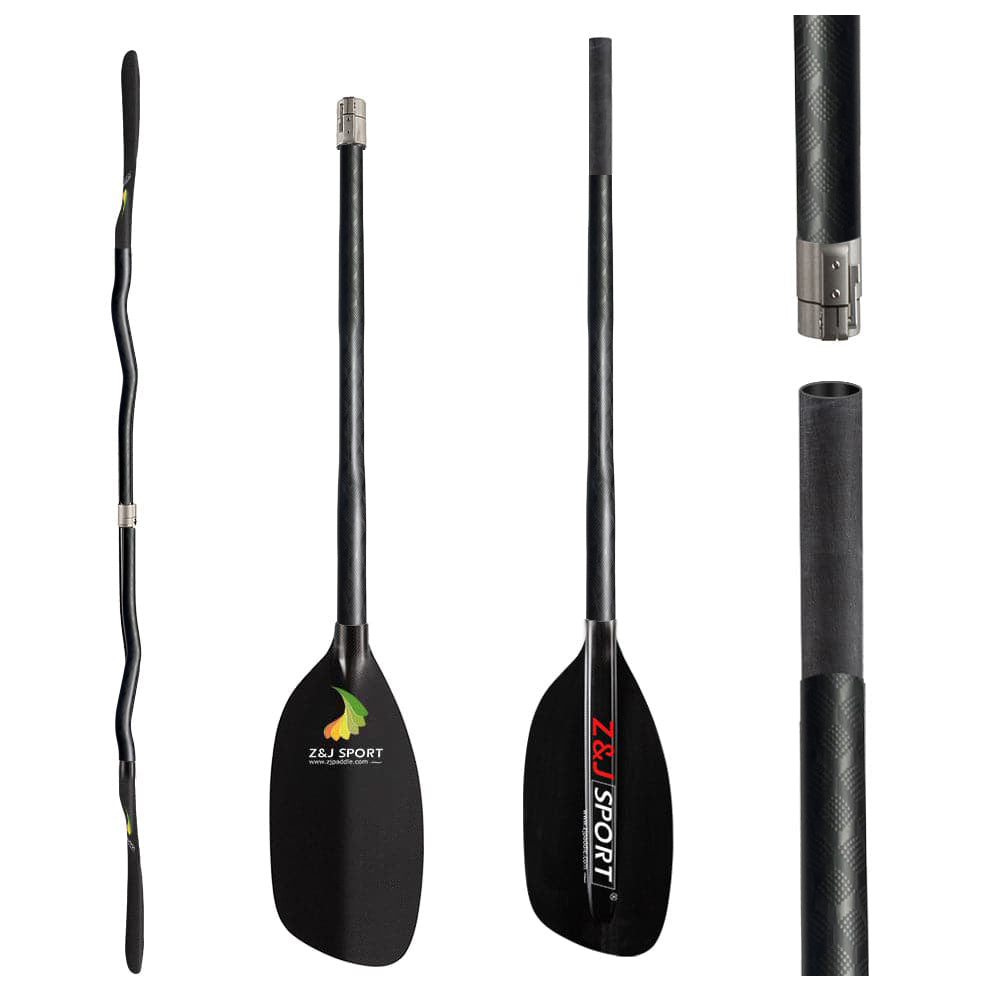 Collage of the ZJ Classic Full Carbon Whitewater Paddle with a cranked shaft. Features carbon fiber blade, ergonomic grip, ZJ SPORT logo, and adjustable connection mechanism. Crafted with epoxy resin for durability. Multiple angles show blade, shaft, and joint details—ideal for whitewater enthusiasts.