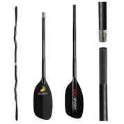 Collage of the ZJ Classic Full Carbon Whitewater Paddle with a cranked shaft. Features carbon fiber blade, ergonomic grip, ZJ SPORT logo, and adjustable connection mechanism. Crafted with epoxy resin for durability. Multiple angles show blade, shaft, and joint details—ideal for whitewater enthusiasts.