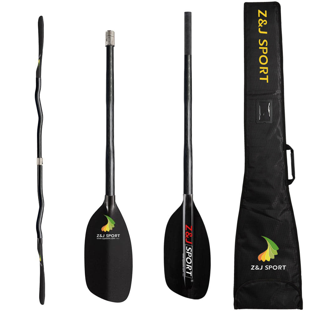 Four views of a ZJ SPORT paddle are shown, highlighting the two-piece full carbon blade and wavy metal shaft. A black carrying bag with the ZJ SPORT logo is displayed, featuring the durable design of the ZJ Classic Full Carbon Whitewater Paddle with Cranked Shaft for optimal performance.
