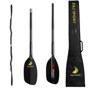Four views of a ZJ SPORT paddle are shown, highlighting the two-piece full carbon blade and wavy metal shaft. A black carrying bag with the ZJ SPORT logo is displayed, featuring the durable design of the ZJ Classic Full Carbon Whitewater Paddle with Cranked Shaft for optimal performance.