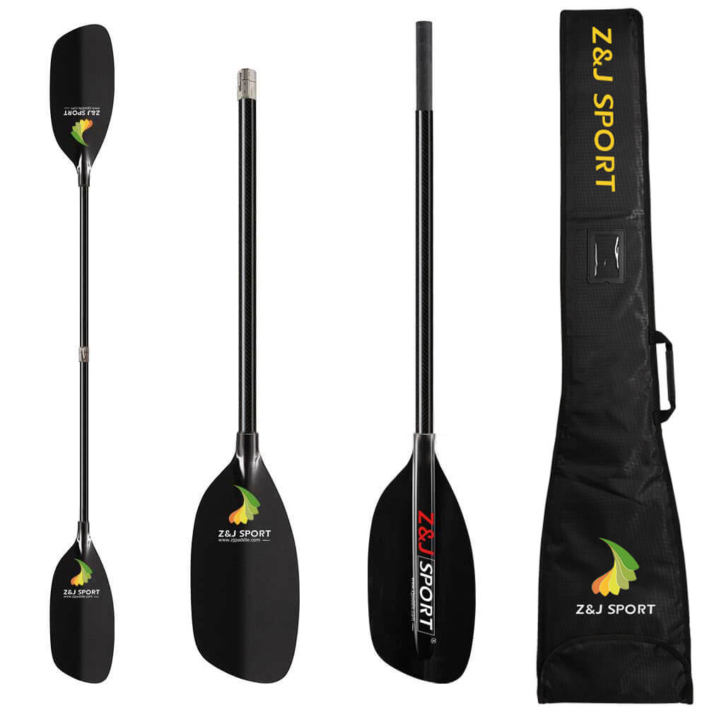 Image of a sleek black split kayak paddle branded ZJ SPORT, showcasing a green and yellow logo. The ZJ Classic Full Carbon Whitewater Paddle with Straight Shaft features durable carbon fiber blades in two halves. To the right, a zipped black paddle bag displays the same branding and logo.