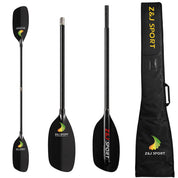Image of a sleek black split kayak paddle branded ZJ SPORT, showcasing a green and yellow logo. The ZJ Classic Full Carbon Whitewater Paddle with Straight Shaft features durable carbon fiber blades in two halves. To the right, a zipped black paddle bag displays the same branding and logo.