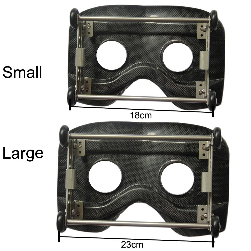 Two black carbon fiber face frames with circular eye cutouts, similar to those in rowing seats, are fixed on metal rods. The Small frame is 18 cm wide and the Large frame is 23 cm wide. Product: ZJ High Quality Height Adjustable Carbon Fiber Complete Sliding Carbon Seat by ZJ SPORT [Free Shipping].