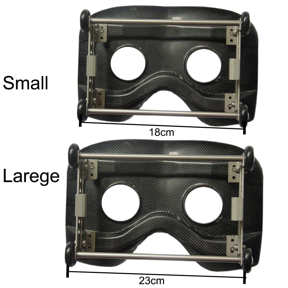 Two black carbon fiber face frames with circular eye cutouts, similar to those in rowing seats, are fixed on metal rods. The Small frame is 18 cm wide and the Large frame is 23 cm wide. Product: ZJ High Quality Height Adjustable Carbon Fiber Complete Sliding Carbon Seat by ZJ SPORT [Free Shipping].
