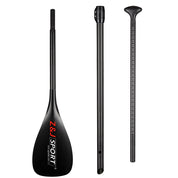 The ZJ 3-Piece Adjustable SUP Paddle Wave TG Model features a black carbon fiber blade with the ZJ SPORT logo, a hand-laid middle shaft, and an adjustable top handle for convenience.